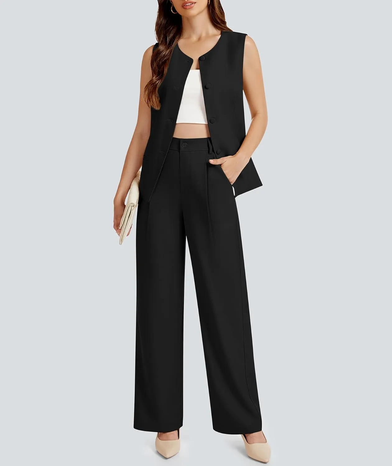 Women's Summer 2 Piece Blazer Outfits Sleeveless Crewneck Vest Wide Leg Pantsuit 2025 Dressy Casual Work Sets