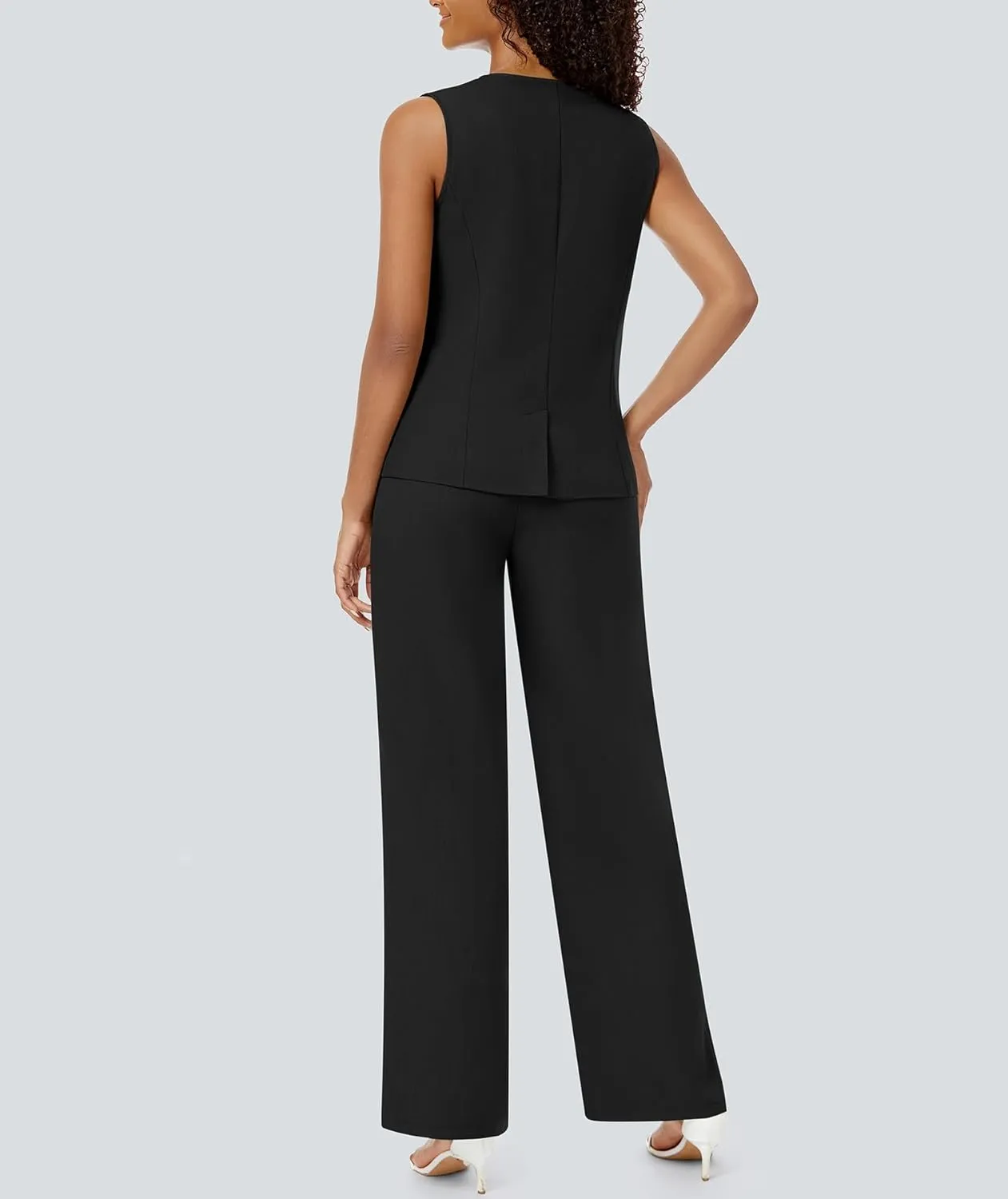 Women's Summer 2 Piece Blazer Outfits Sleeveless Crewneck Vest Wide Leg Pantsuit 2025 Dressy Casual Work Sets