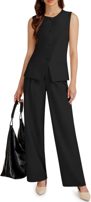 Women's Summer 2 Piece Blazer Outfits Sleeveless Crewneck Vest Wide Leg Pantsuit 2025 Dressy Casual Work Sets