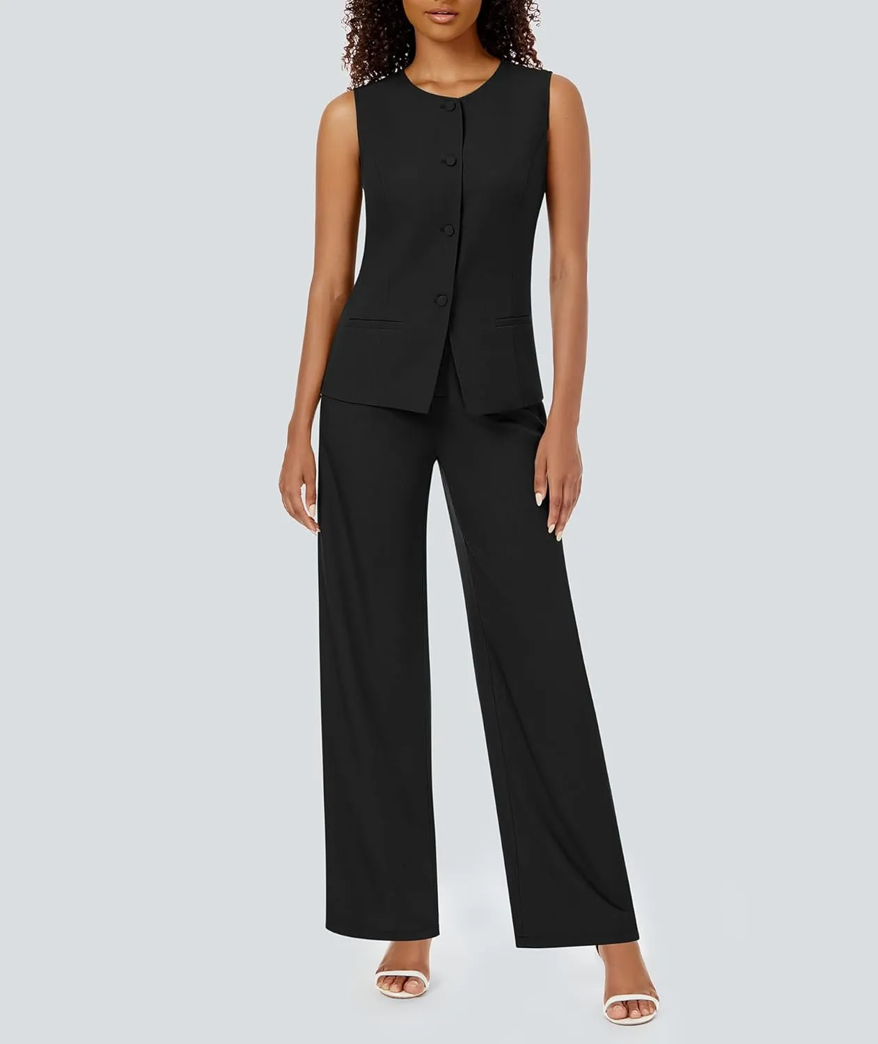 Women's Summer 2 Piece Blazer Outfits Sleeveless Crewneck Vest Wide Leg Pantsuit 2025 Dressy Casual Work Sets