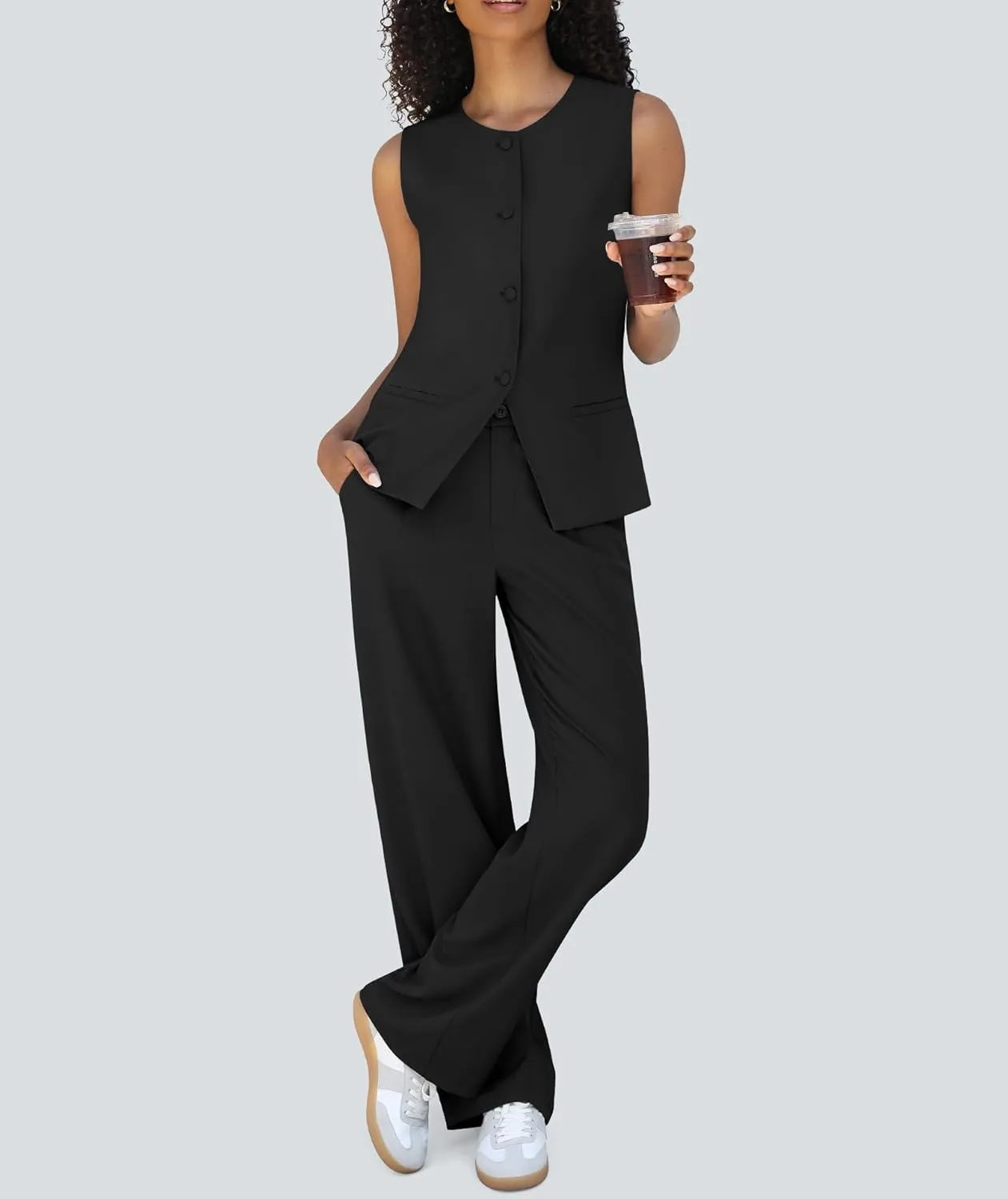 Women's Summer 2 Piece Blazer Outfits Sleeveless Crewneck Vest Wide Leg Pantsuit 2025 Dressy Casual Work Sets