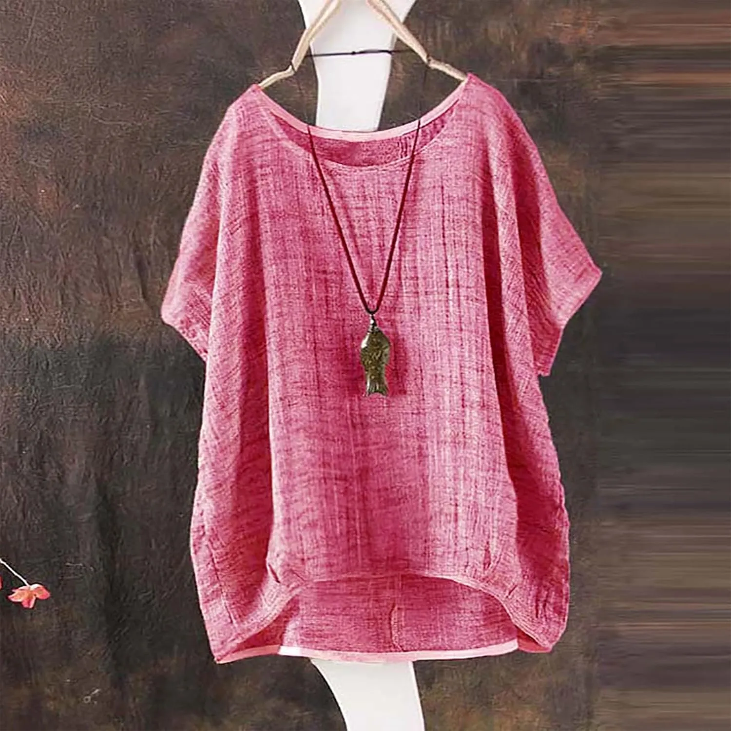 Women's Summer Cotton Linen Boho Floral Short Sleeve Tunic Tops Casual Comfy Womens Tops Oversized Business