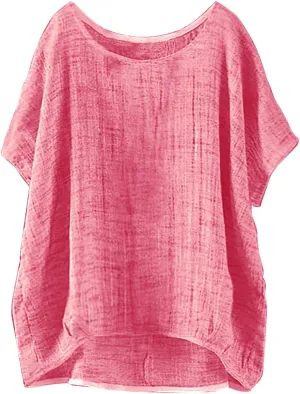 Women's Summer Cotton Linen Boho Floral Short Sleeve Tunic Tops Casual Comfy Womens Tops Oversized Business