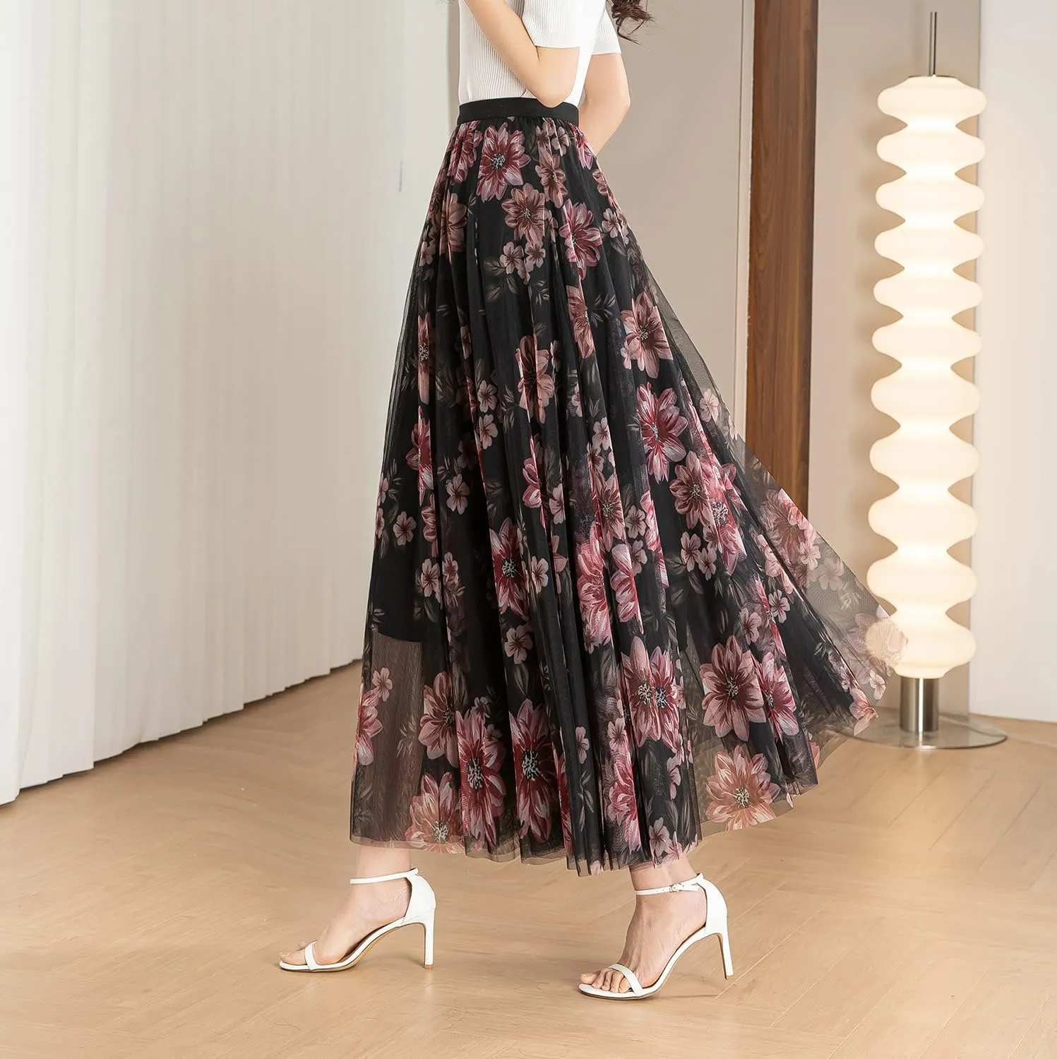 Women's Tulle Skirt Mesh Elastic High Waist Layered Pleated Skirt Floral Print A-Line Midi Party Casual Flowy Tutu Skirt