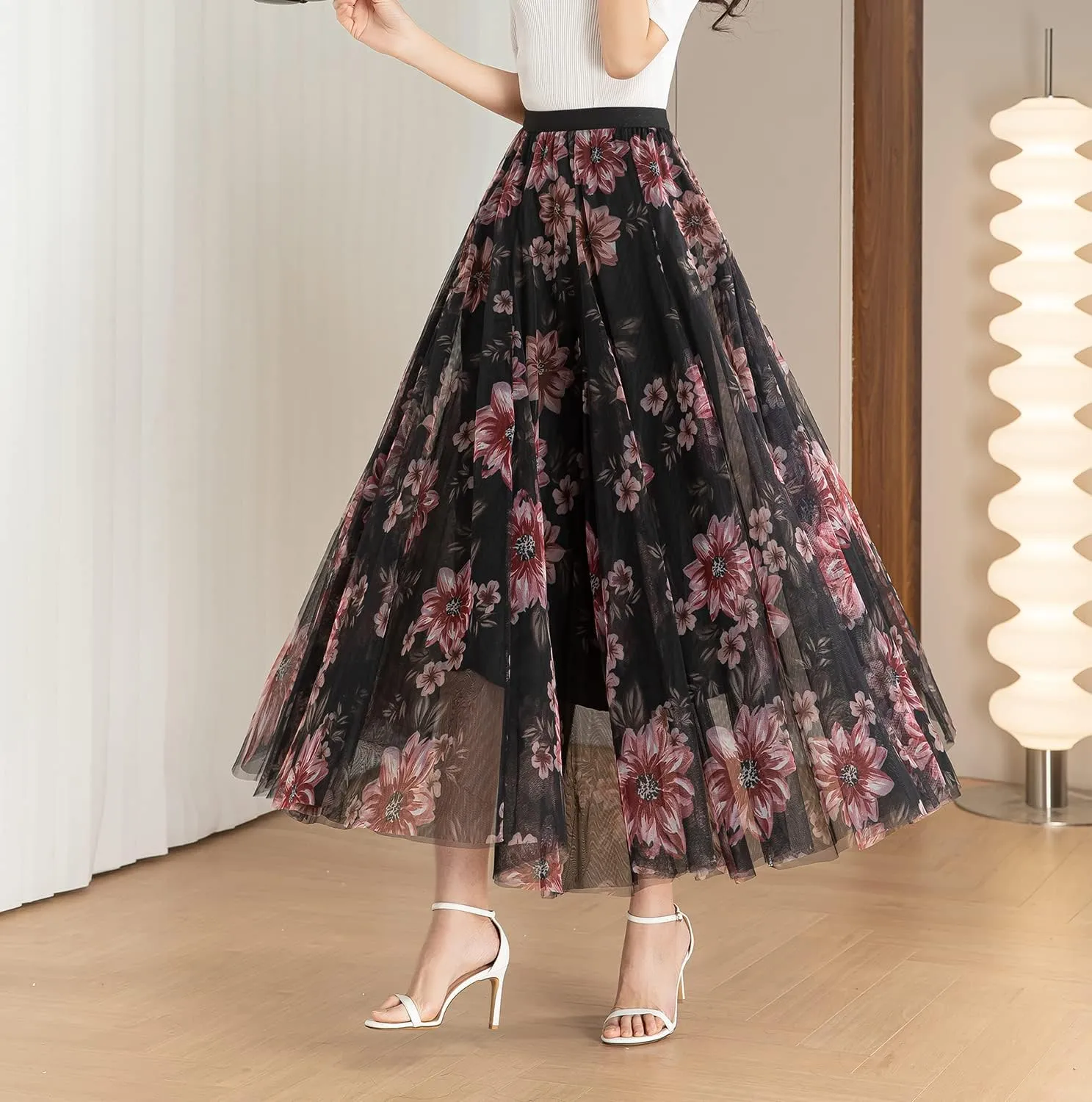 Women's Tulle Skirt Mesh Elastic High Waist Layered Pleated Skirt Floral Print A-Line Midi Party Casual Flowy Tutu Skirt