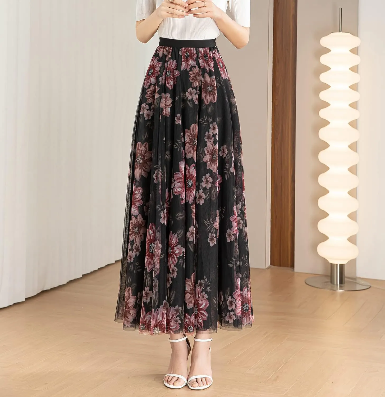 Women's Tulle Skirt Mesh Elastic High Waist Layered Pleated Skirt Floral Print A-Line Midi Party Casual Flowy Tutu Skirt