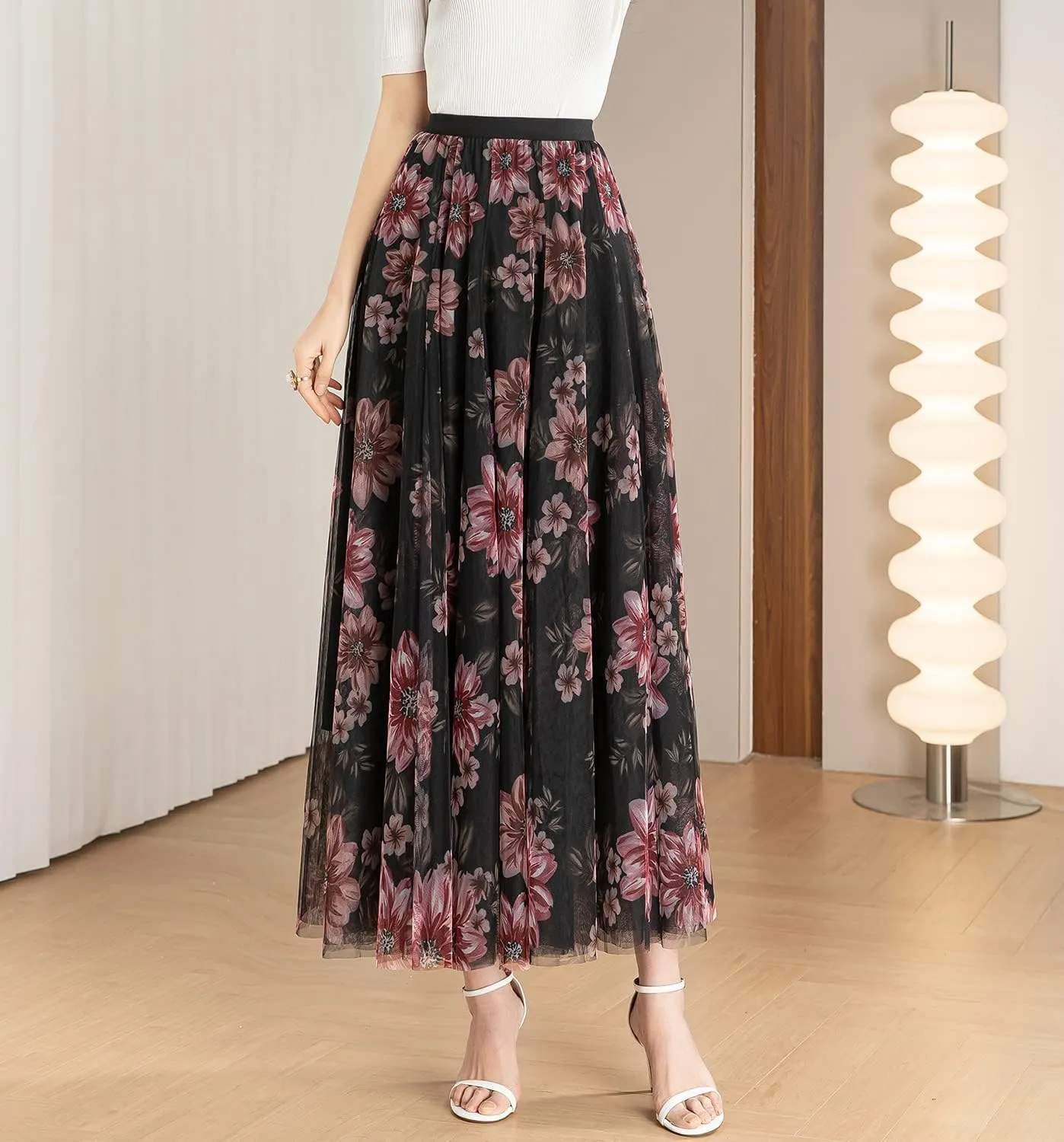 Women's Tulle Skirt Mesh Elastic High Waist Layered Pleated Skirt Floral Print A-Line Midi Party Casual Flowy Tutu Skirt