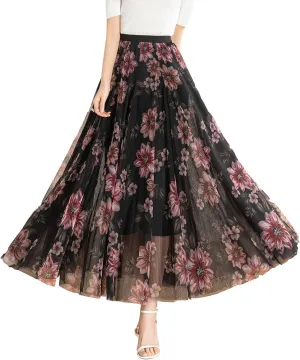 Women's Tulle Skirt Mesh Elastic High Waist Layered Pleated Skirt Floral Print A-Line Midi Party Casual Flowy Tutu Skirt