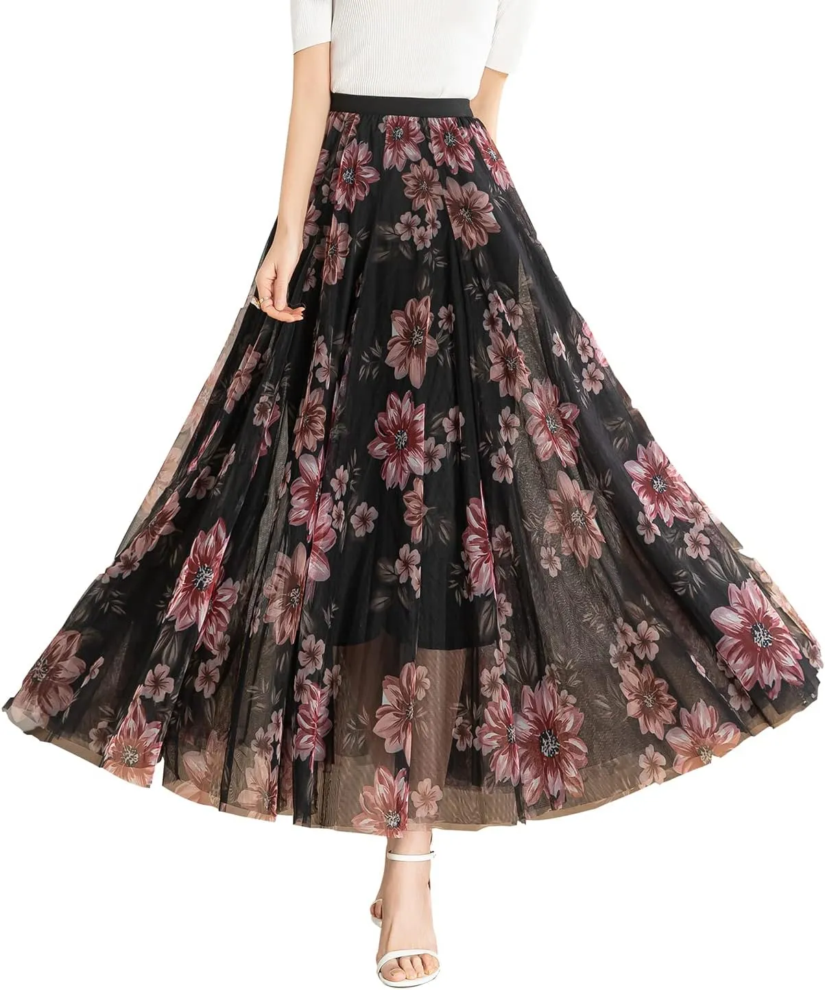 Women's Tulle Skirt Mesh Elastic High Waist Layered Pleated Skirt Floral Print A-Line Midi Party Casual Flowy Tutu Skirt