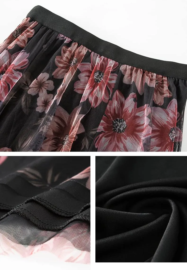 Women's Tulle Skirt Mesh Elastic High Waist Layered Pleated Skirt Floral Print A-Line Midi Party Casual Flowy Tutu Skirt