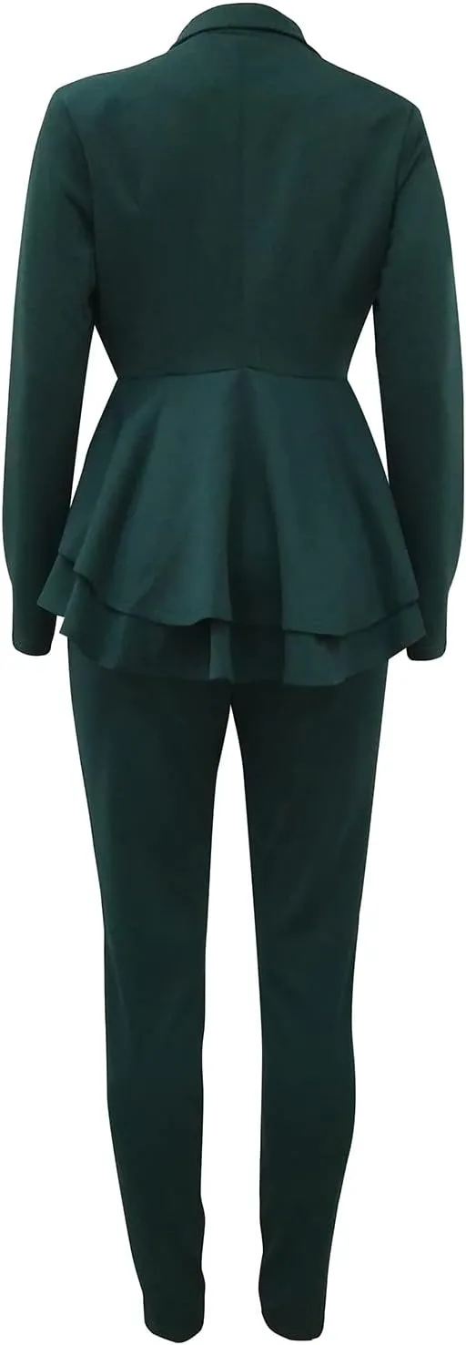 Women's Two Piece Outfits Sets Long Sleeve Deep V Neck Ruffle Pelplum Blazer Slim Fit Bocycon Long Pants Business Suit Set