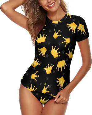 Women's Two Piece Rash Guard Short Sleeve Swim Shirt Built in Bra Bathing Suit with Bottoms