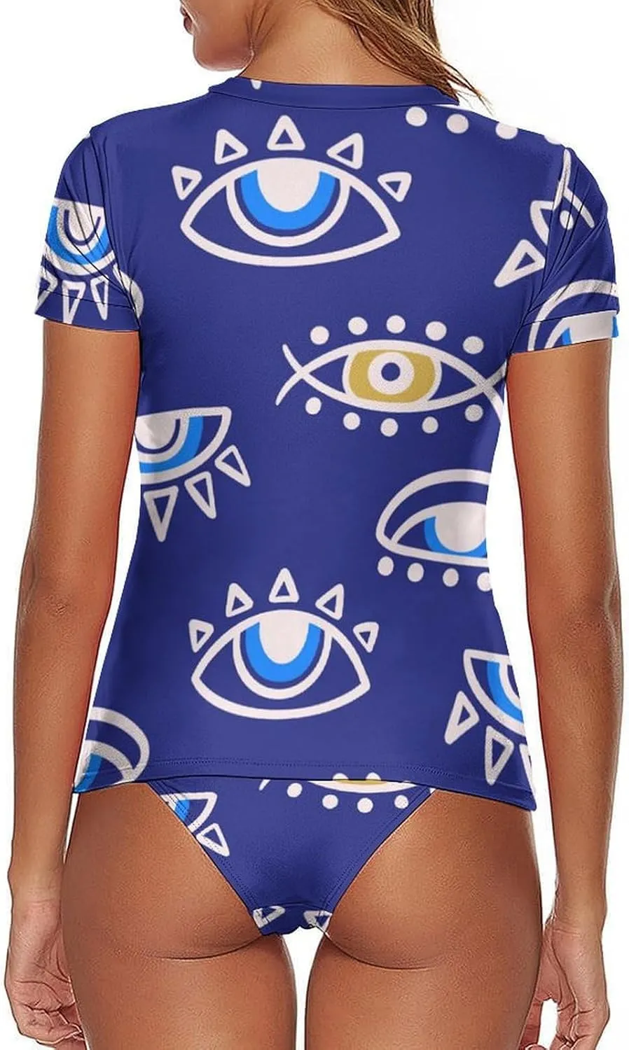 Women's Two Piece Rash Guard Short Sleeve Swim Shirt Built in Bra Bathing Suit with Bottoms