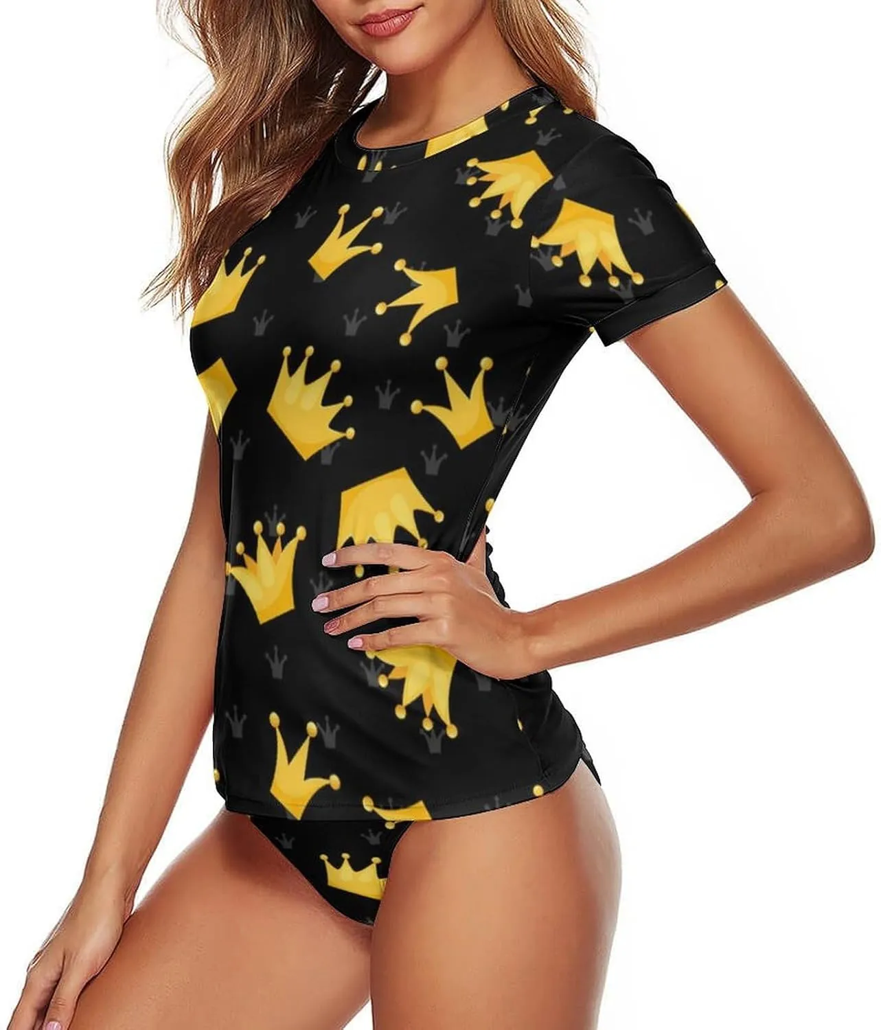 Women's Two Piece Rash Guard Short Sleeve Swim Shirt Built in Bra Bathing Suit with Bottoms