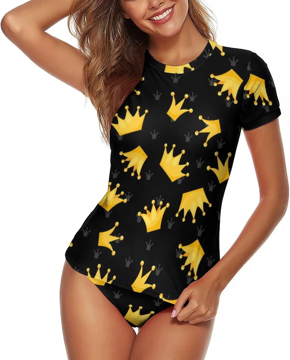 Women's Two Piece Rash Guard Short Sleeve Swim Shirt Built in Bra Bathing Suit with Bottoms