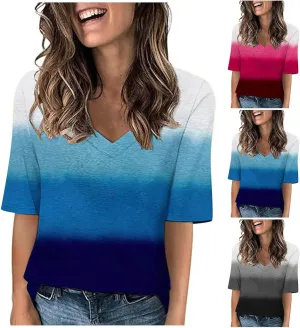 Womens V Neck Gradient Half Sleeve Tops and Blouses Pink and Blue Tie Dyed Shirts 2025 Spring Summer Cute Basic Tees