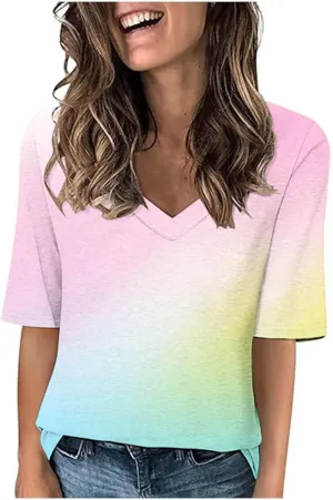Womens V Neck Gradient Half Sleeve Tops and Blouses Pink and Blue Tie Dyed Shirts 2025 Spring Summer Cute Basic Tees