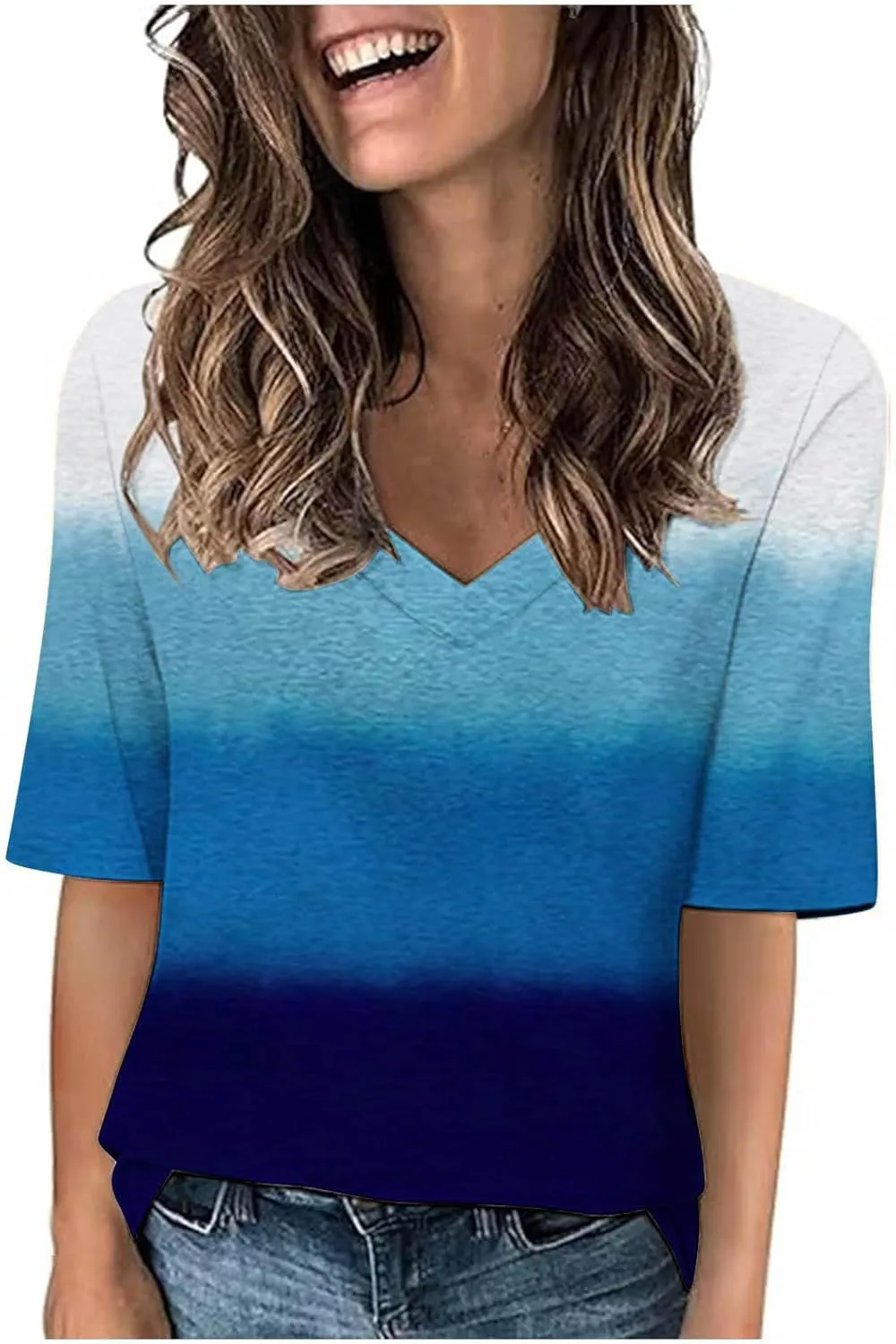 Womens V Neck Gradient Half Sleeve Tops and Blouses Pink and Blue Tie Dyed Shirts 2025 Spring Summer Cute Basic Tees