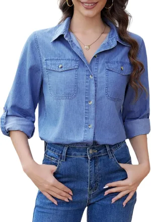 YAMANMAN Women's Button Down Denim Shirt Collared Casual Long Sleeve Chambray Jean Western Shirts with Pockets