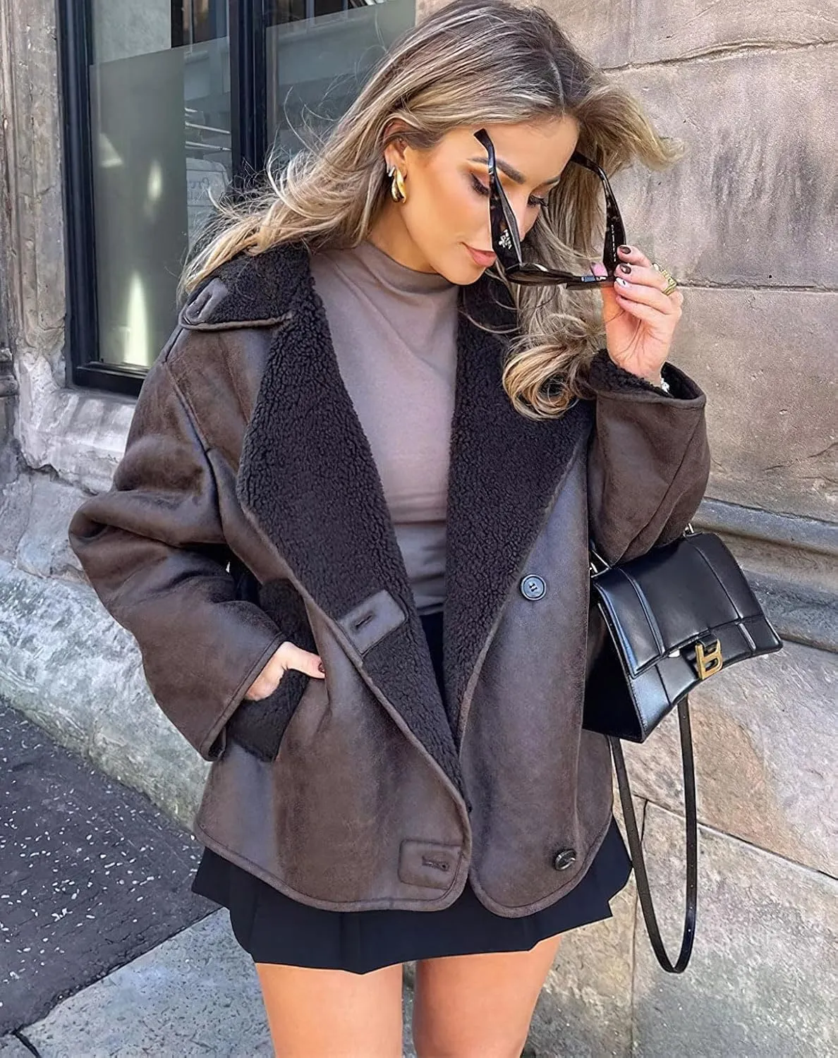 yoeasy Womens Winter Thick Sherpa Lined Faux Suede Jacket Casual Motorcycle Biker Oversized Leather Jacket Coat