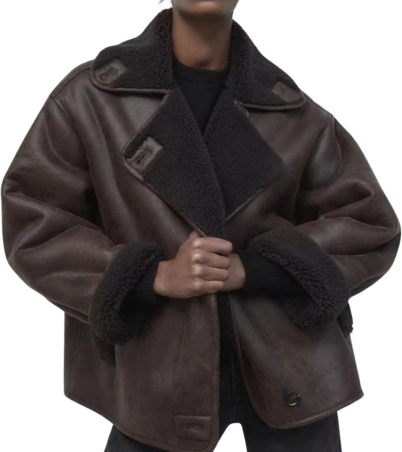 yoeasy Womens Winter Thick Sherpa Lined Faux Suede Jacket Casual Motorcycle Biker Oversized Leather Jacket Coat