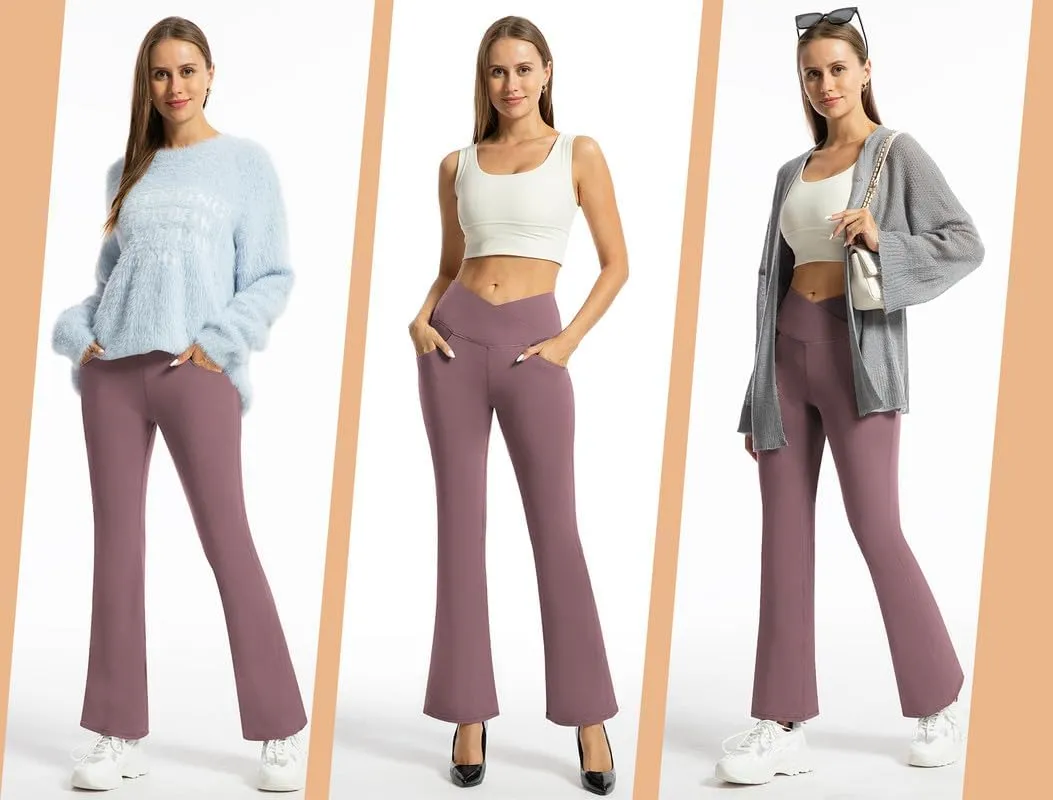 Yoga Pants with Pockets for Women Crossover Flare Leggings Wide Leg Pants for Women Tummy Control