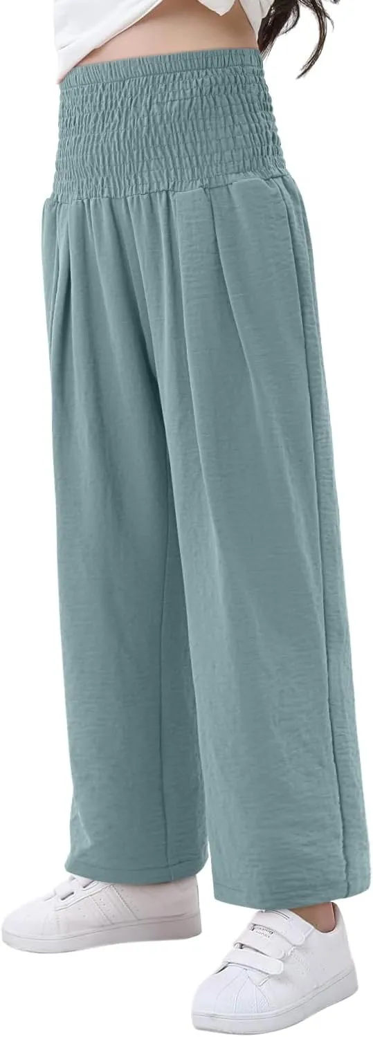 Yoklass Girls Pants Casual Smocked High Waist Pant Loose Wide Leg Long Trousers 4-14 Years