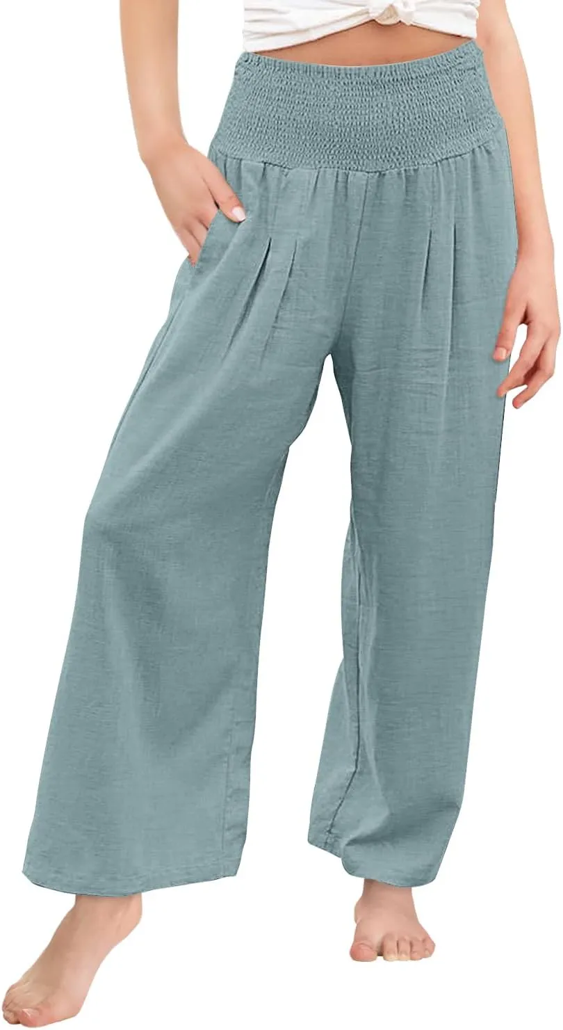 Yoklass Girls Pants Casual Smocked High Waist Pant Loose Wide Leg Long Trousers 4-14 Years