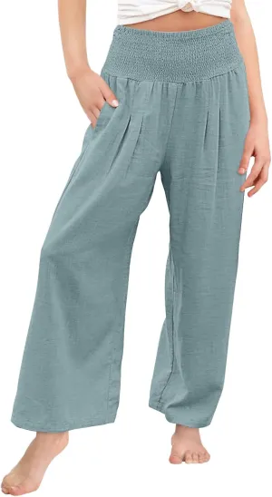 Yoklass Girls Pants Casual Smocked High Waist Pant Loose Wide Leg Long Trousers 4-14 Years