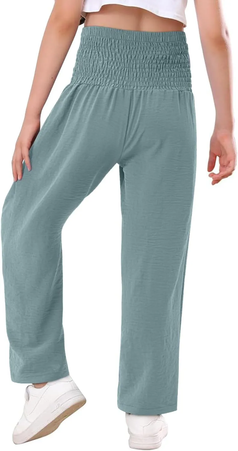 Yoklass Girls Pants Casual Smocked High Waist Pant Loose Wide Leg Long Trousers 4-14 Years