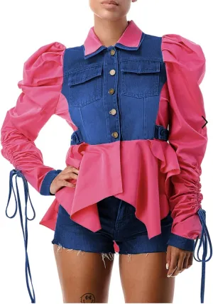 YOOTIKO Women Button Down Patchwork Shirt Y2K Casual Denim Jacket Long Sleeve Crop Top