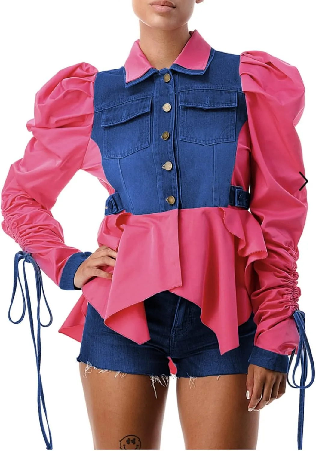 YOOTIKO Women Button Down Patchwork Shirt Y2K Casual Denim Jacket Long Sleeve Crop Top