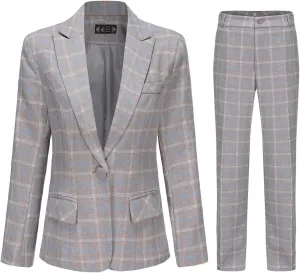 YYNUDA Women's Business Plaid Suit Set Lady 2 Piece 1 Button Office Blazer Jacket and Pants for Work
