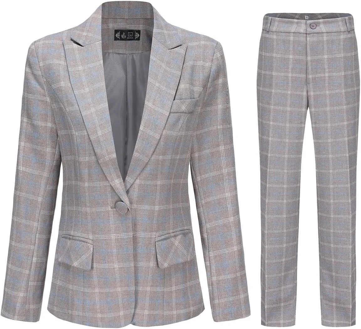 YYNUDA Women's Business Plaid Suit Set Lady 2 Piece 1 Button Office Blazer Jacket and Pants for Work