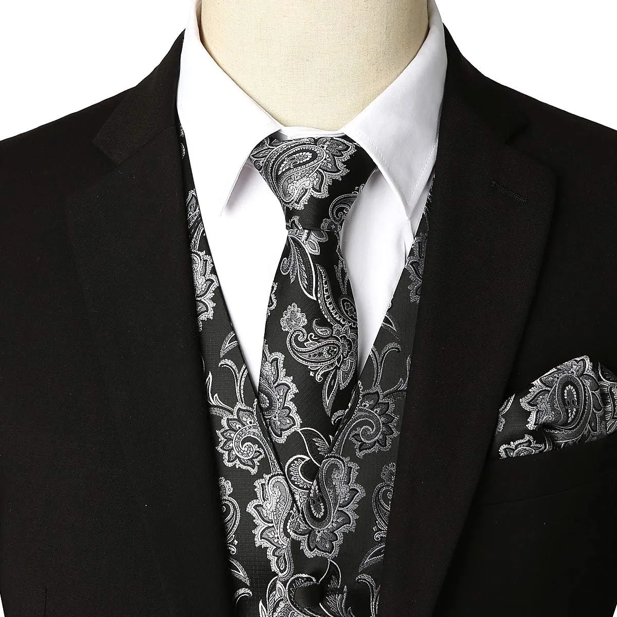 ZEROYAA Mens Classic 3pc Jacquard Paisley Vest Set Necktie Pocket Square Waistcoat for Suit or Tuxedo