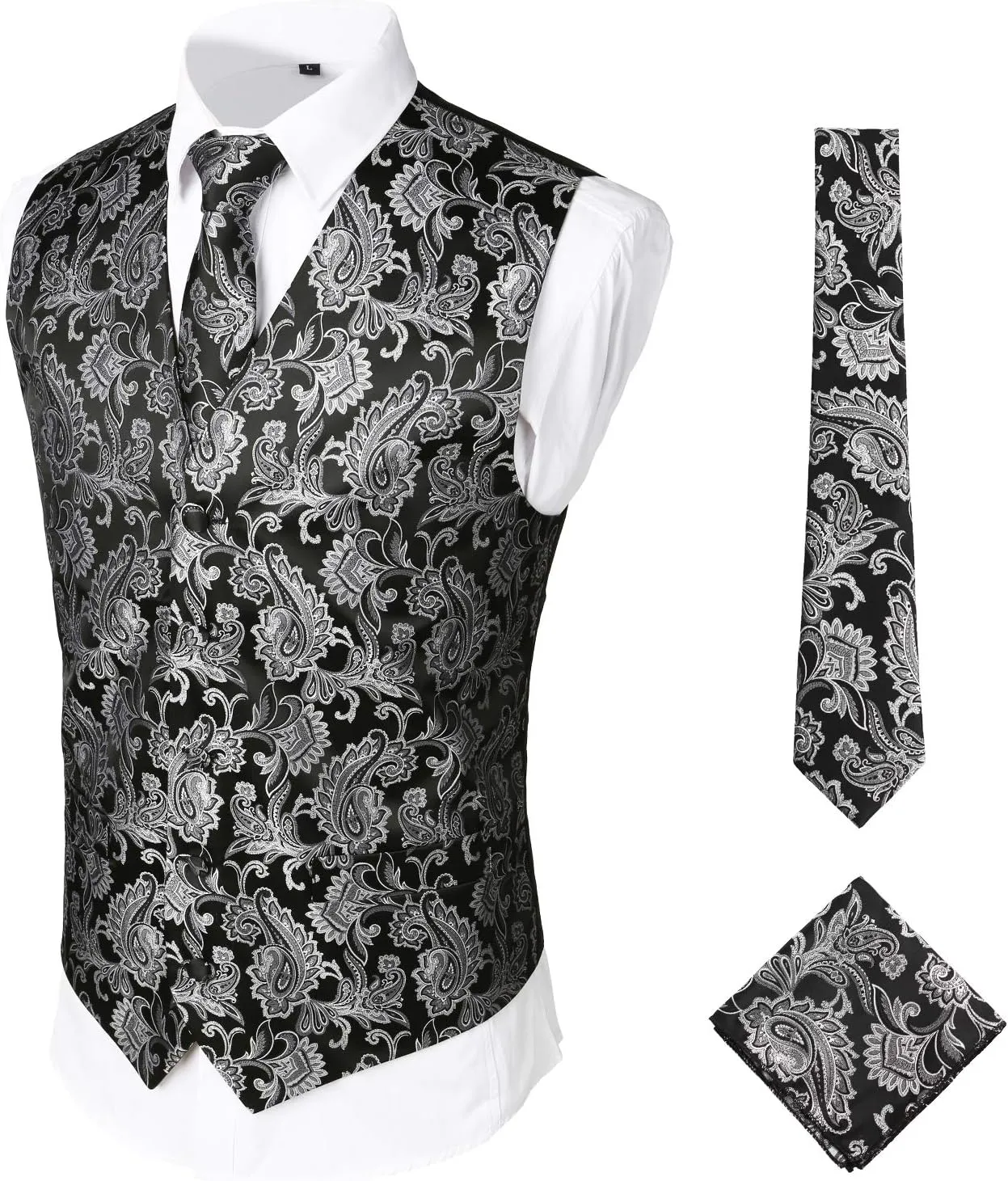ZEROYAA Mens Classic 3pc Jacquard Paisley Vest Set Necktie Pocket Square Waistcoat for Suit or Tuxedo