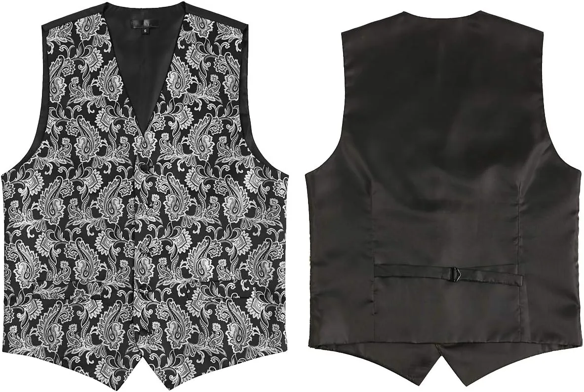 ZEROYAA Mens Classic 3pc Jacquard Paisley Vest Set Necktie Pocket Square Waistcoat for Suit or Tuxedo