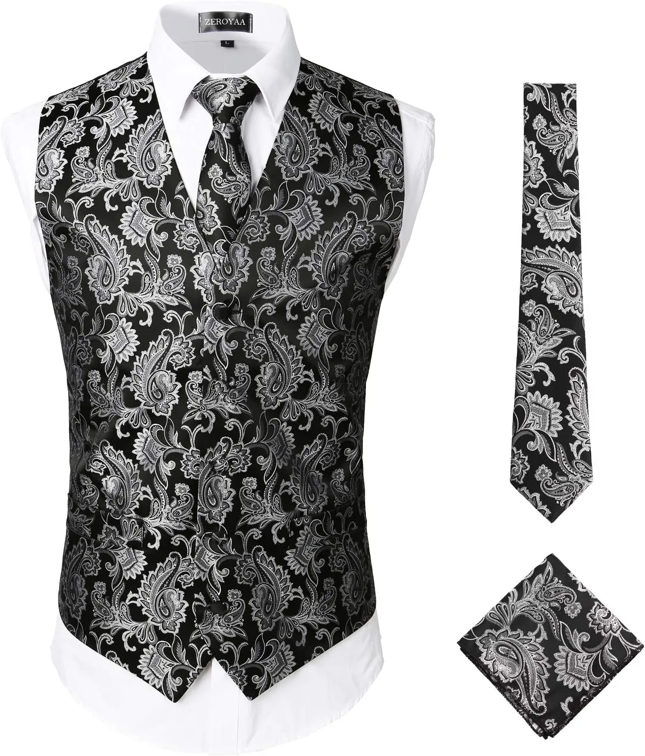 ZEROYAA Mens Classic 3pc Jacquard Paisley Vest Set Necktie Pocket Square Waistcoat for Suit or Tuxedo