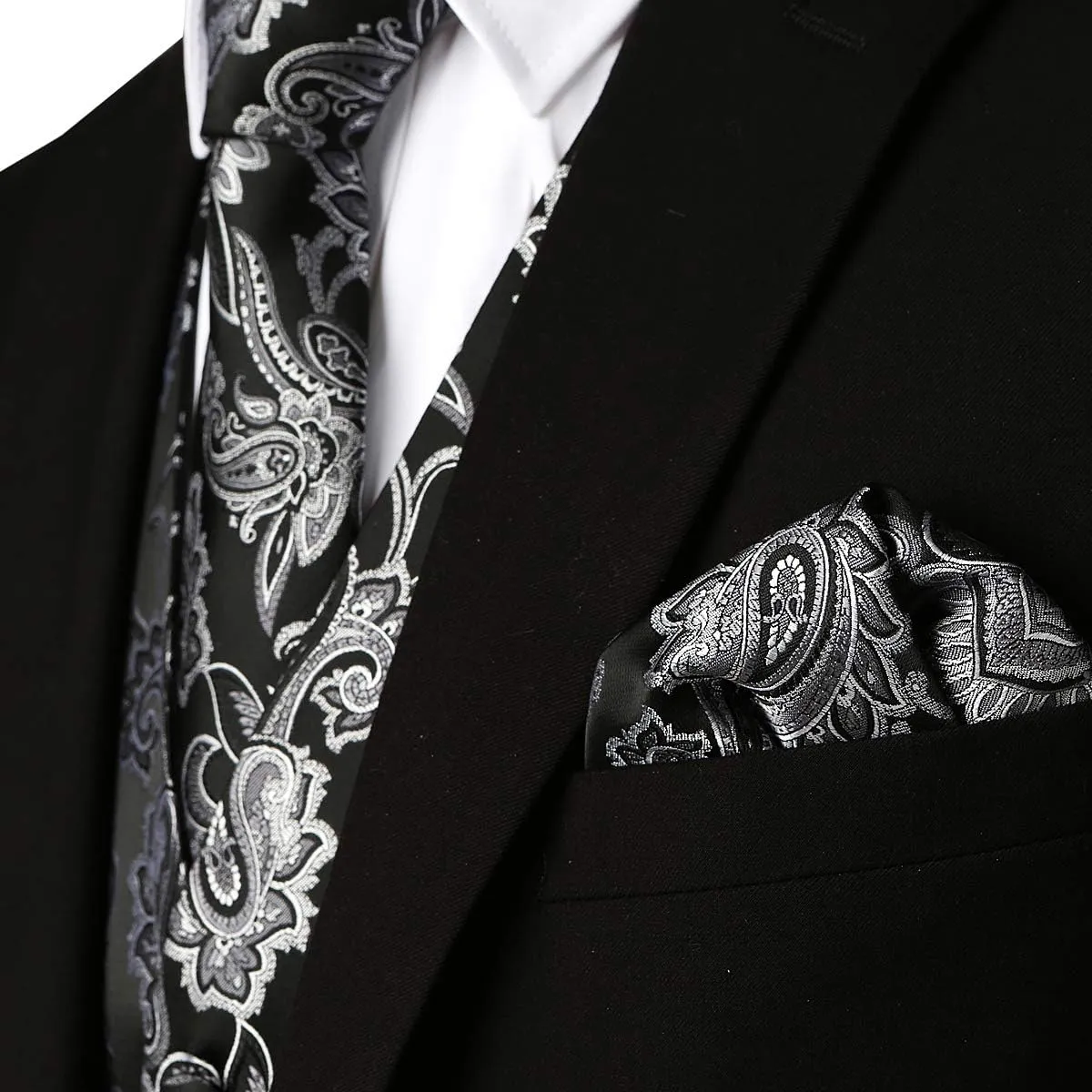 ZEROYAA Mens Classic 3pc Jacquard Paisley Vest Set Necktie Pocket Square Waistcoat for Suit or Tuxedo