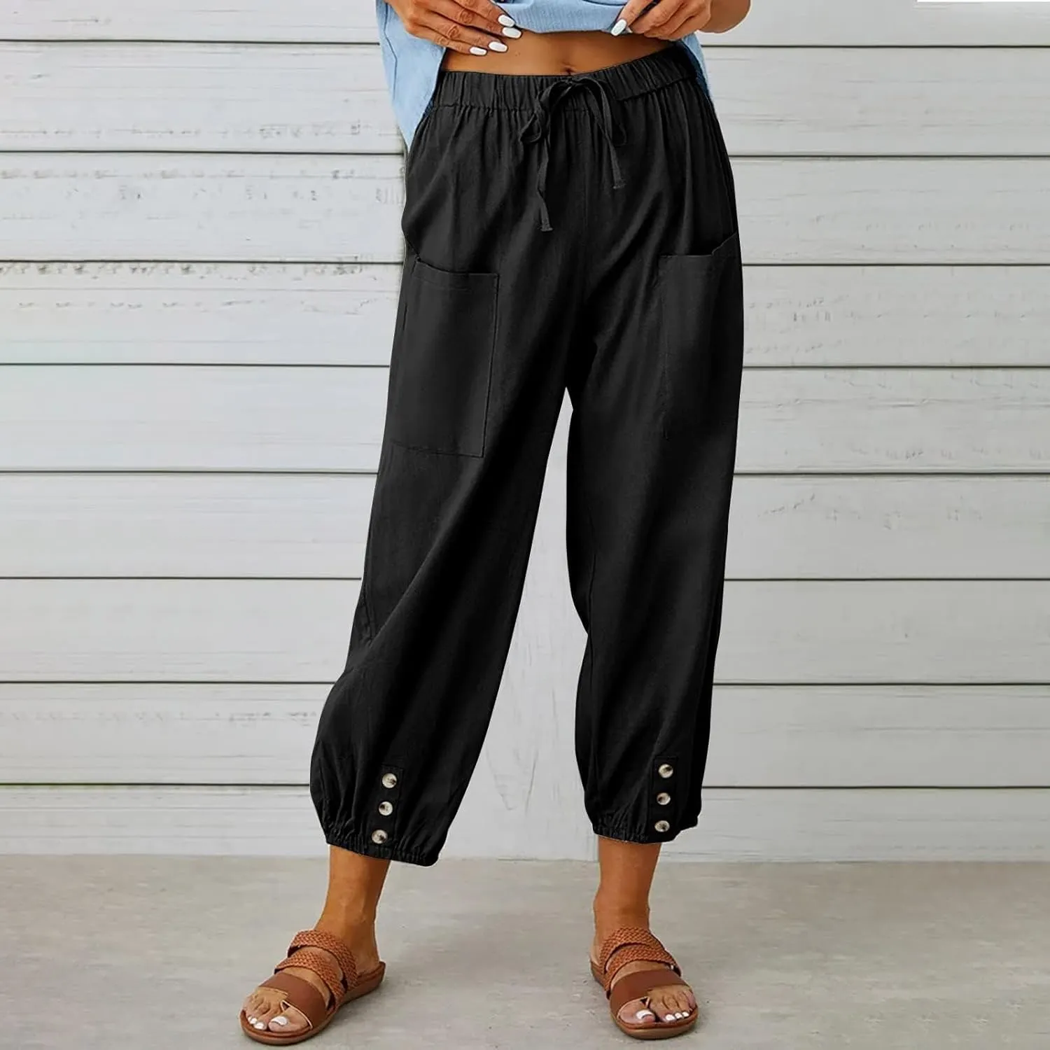 ZOCANIA Cotton Linen Pants for Women High Waisted Drawstring Summer Comfy Flowy Casual Loose Beach Pants with Pockets