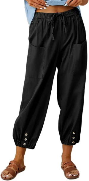 ZOCANIA Cotton Linen Pants for Women High Waisted Drawstring Summer Comfy Flowy Casual Loose Beach Pants with Pockets