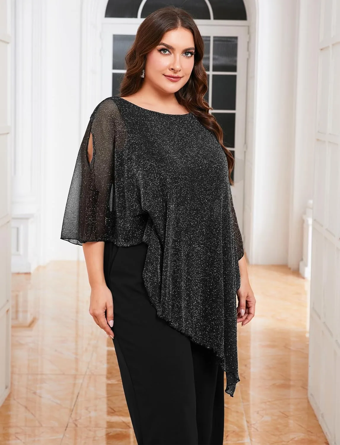 ZOMVA Plus Size Mother of The Bride Pant Suits Dressy 2 Piece Asymmetric Cape Set with Pockets Wedding Guest Outfit