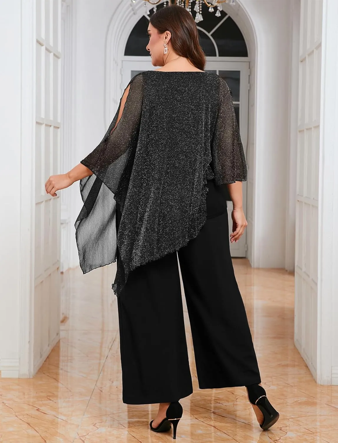 ZOMVA Plus Size Mother of The Bride Pant Suits Dressy 2 Piece Asymmetric Cape Set with Pockets Wedding Guest Outfit