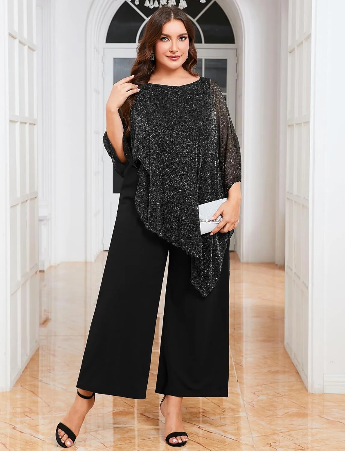 ZOMVA Plus Size Mother of The Bride Pant Suits Dressy 2 Piece Asymmetric Cape Set with Pockets Wedding Guest Outfit