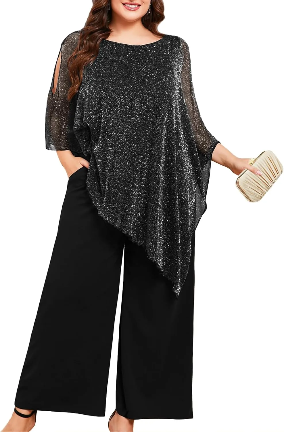 ZOMVA Plus Size Mother of The Bride Pant Suits Dressy 2 Piece Asymmetric Cape Set with Pockets Wedding Guest Outfit
