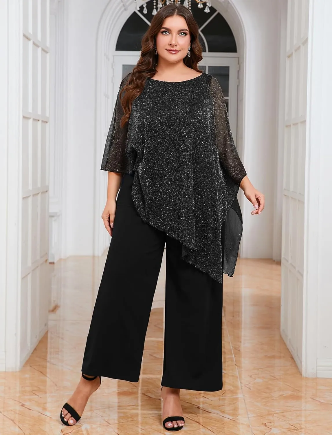 ZOMVA Plus Size Mother of The Bride Pant Suits Dressy 2 Piece Asymmetric Cape Set with Pockets Wedding Guest Outfit