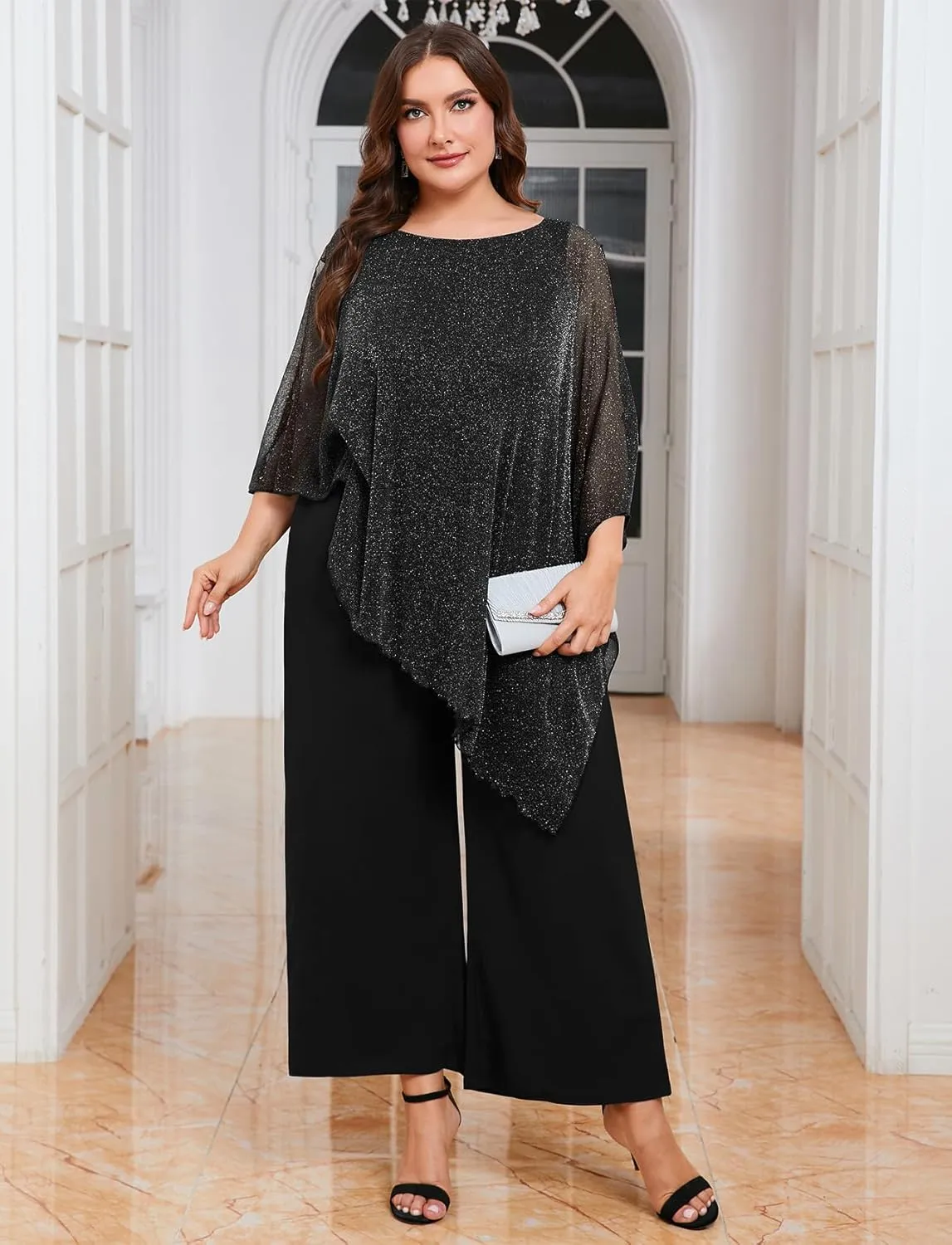 ZOMVA Plus Size Mother of The Bride Pant Suits Dressy 2 Piece Asymmetric Cape Set with Pockets Wedding Guest Outfit